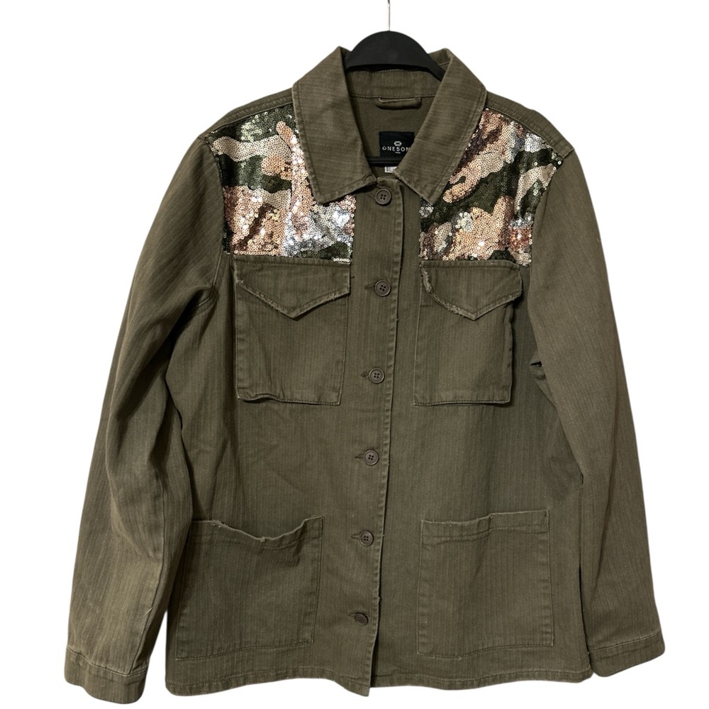 One 5 One Olive Green Utility Jacket Sequin Camo Military Style Size Large